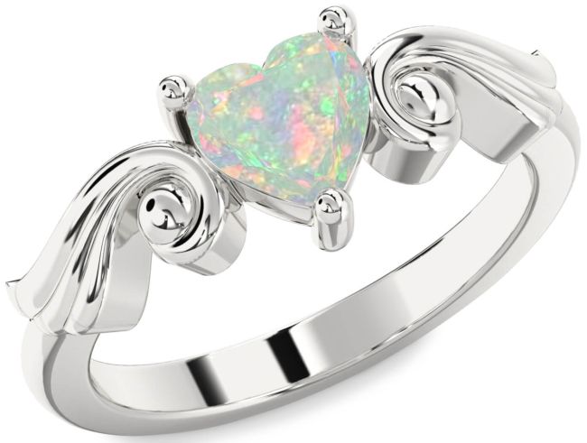 Opal Silver Heart Solitaire Engagement Ring