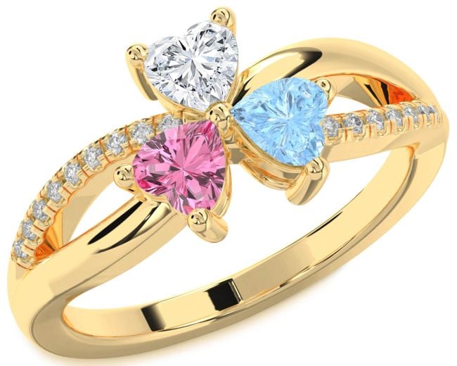 Diamond Gold Silver Shamrock Heart Three Stone Mother's Ring