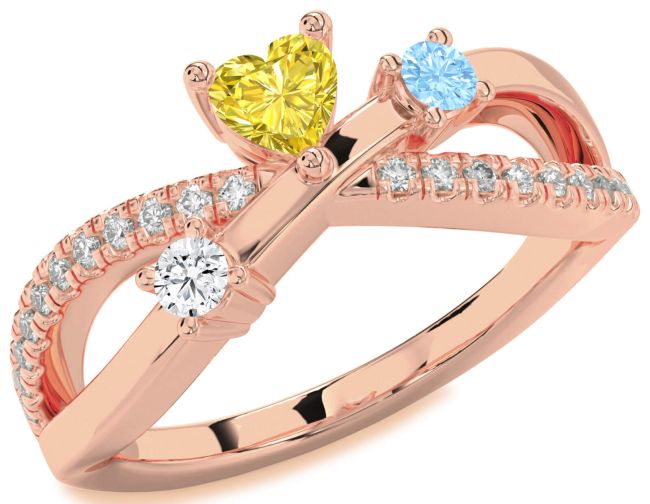 Diamond Rose Gold Silver Heart Three Stone Mother's Ring