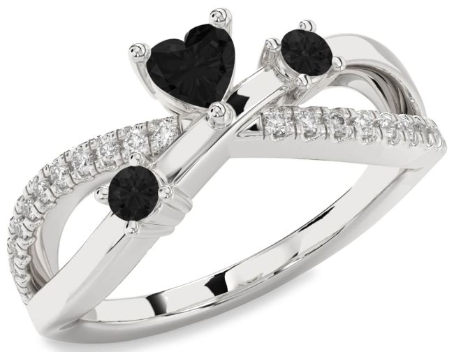 Black Diamond Silver Heart Three Stone Ring