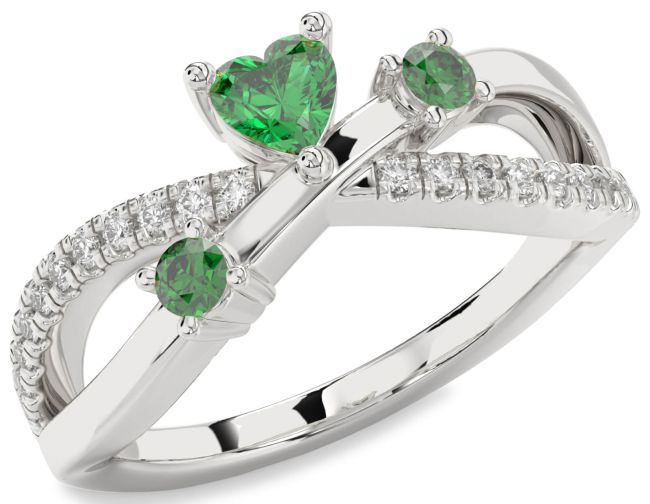 Diamond Emerald Silver Heart Three Stone Birthstone Ring