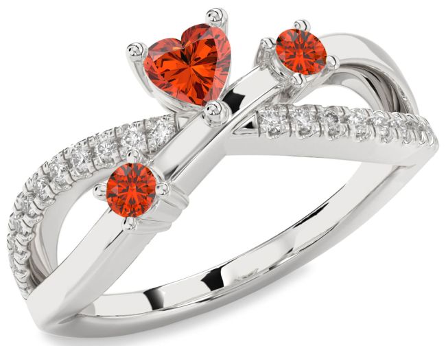 Diamond Fire Opal Silver Heart Three Stone Ring