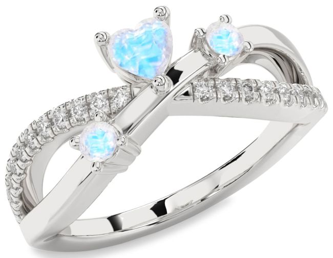 Diamond Moonstone Silver Heart Three Stone Ring