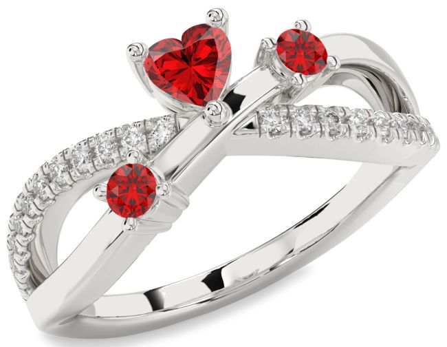 Diamond Ruby Silver Heart Three Stone Birthstone Ring