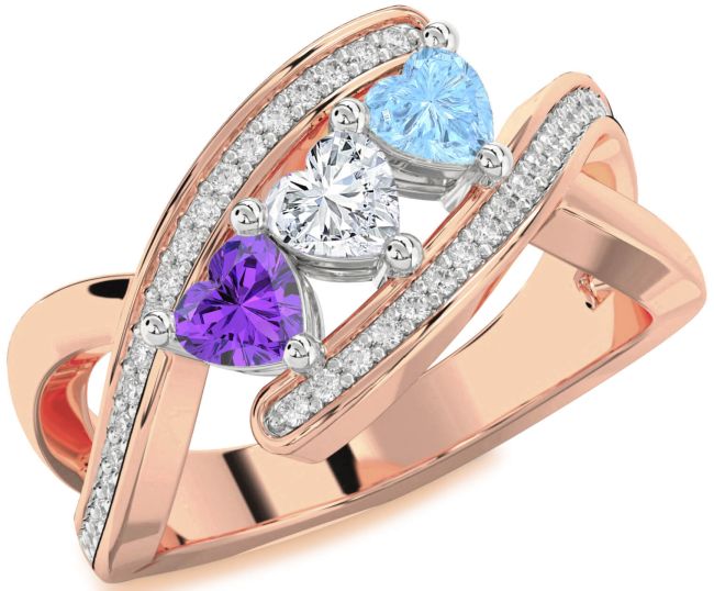 Diamond Rose Gold Silver Heart Three Stone Mother's Ring