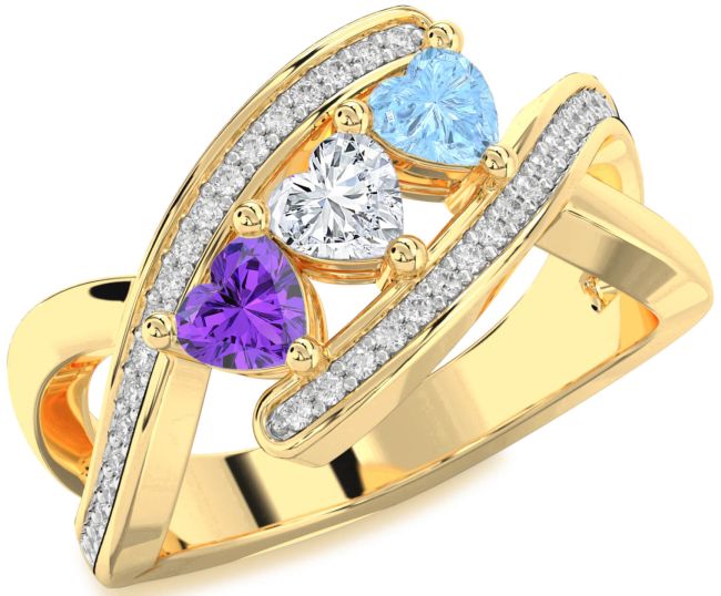 Diamond Gold Silver Heart Three Stone Mother's Ring