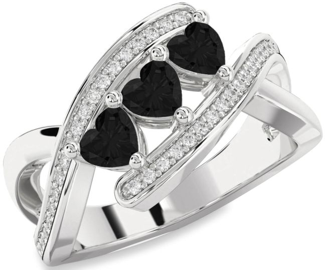 Black Diamond Silver Heart Three Stone Ring