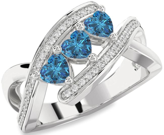 Blue Diamond Silver Heart Three Stone Ring