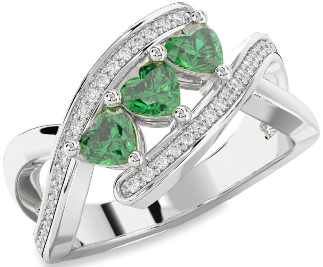 Diamond Emerald Silver Heart Three Stone Birthstone Ring