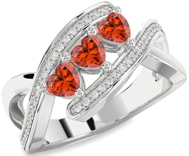 Diamond Fire Opal Silver Heart Three Stone Ring
