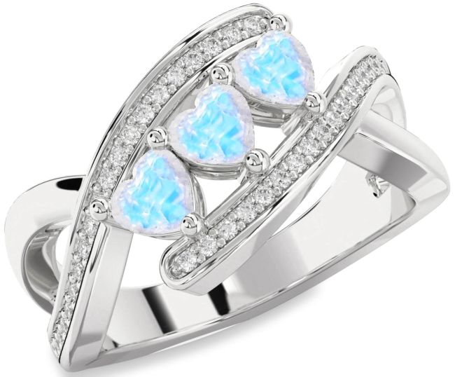 Diamond Moonstone Silver Heart Three Stone Ring