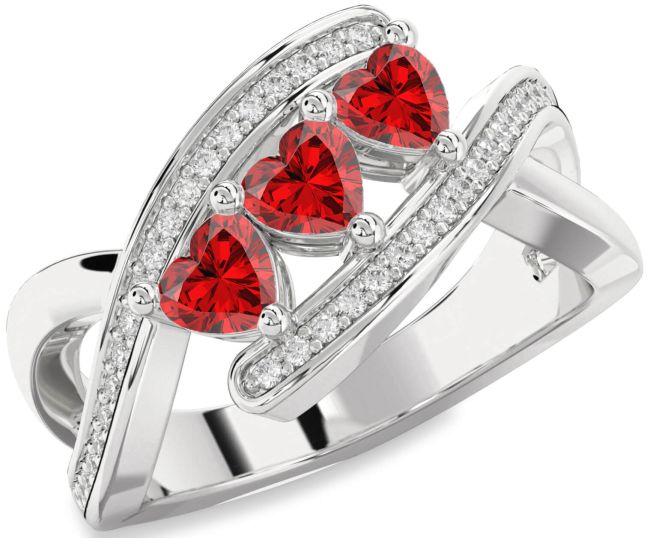 Diamond Ruby Silver Heart Three Stone Birthstone Ring