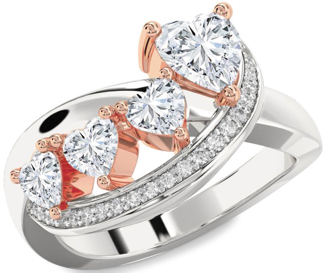 Diamond Silver & 10K Rose Gold Heart Four Stone Ring