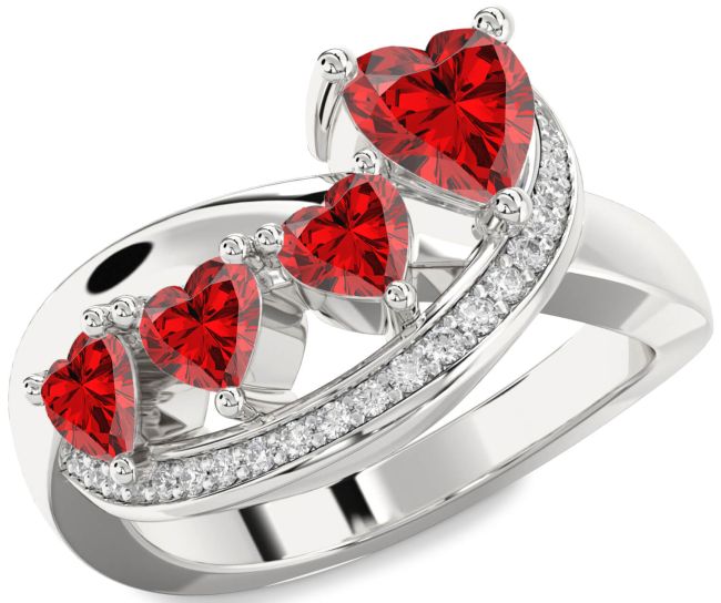 Diamond Ruby Silver Heart Four Stone Birthstone Ring