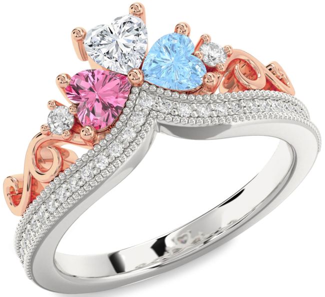 Diamond Rose Gold Silver Crown Heart Three Stone Pave Mother's Ring