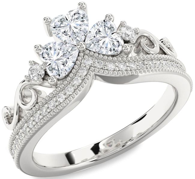Diamond Silver Crown Heart Three Stone Pave Ring