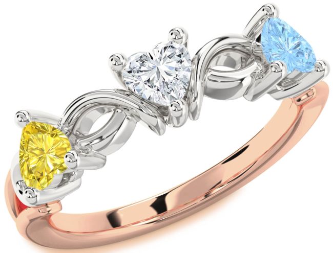 White Rose Gold Heart Knot Three Stone Mother's Ring
