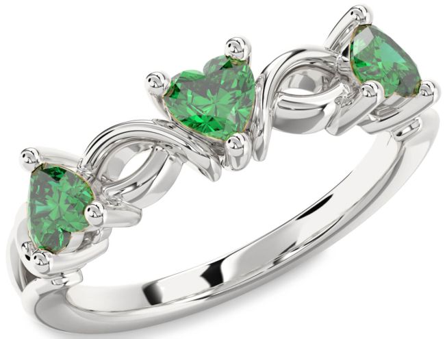 Emerald Silver Heart Knot Three Stone Birthstone Ring