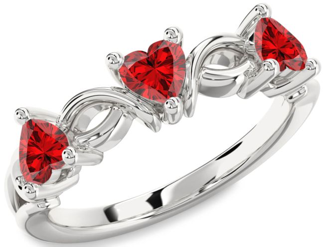 Ruby Silver Heart Knot Three Stone Birthstone Ring