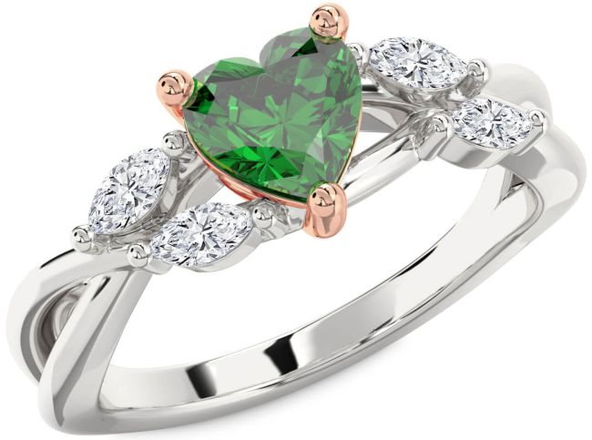 Diamond Emerald White Rose Gold Heart Engagement Ring
