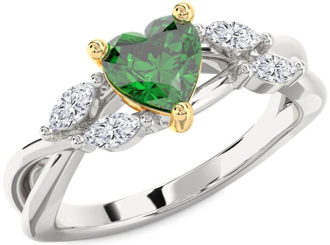 Diamond Emerald Gold Silver Heart Engagement Ring