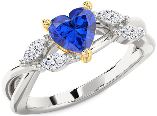 Diamond Blue Sapphire Gold Silver Heart Engagement Ring