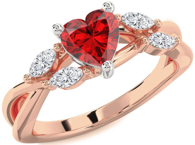 Diamond Ruby White Rose Gold Heart Engagement Ring