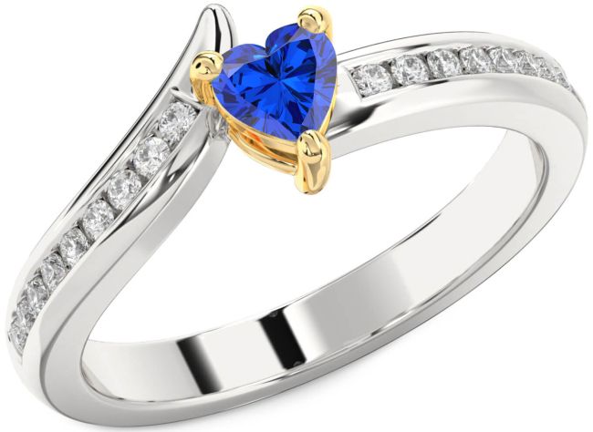 Diamond Blue Sapphire Platinum & Yellow Gold Heart Pave Promise Ring