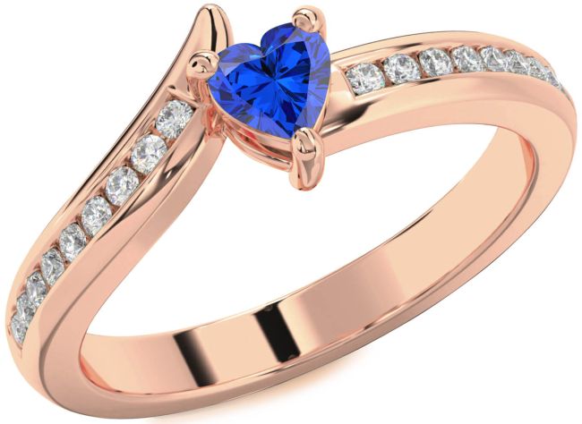 Diamond Blue Sapphire Rose Gold Silver Heart Pave Promise Ring