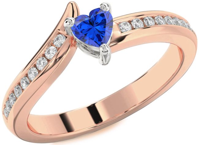 Diamond Blue Sapphire Rose Gold Silver Heart Pave Promise Ring
