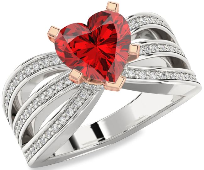 Diamond Ruby Silver & 10K Rose Gold Heart Solitaire Pave Engagement Ring