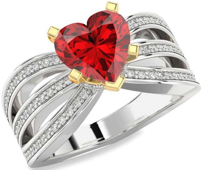 Diamond Ruby Platinum & Yellow Gold Heart Solitaire Pave Engagement Ring