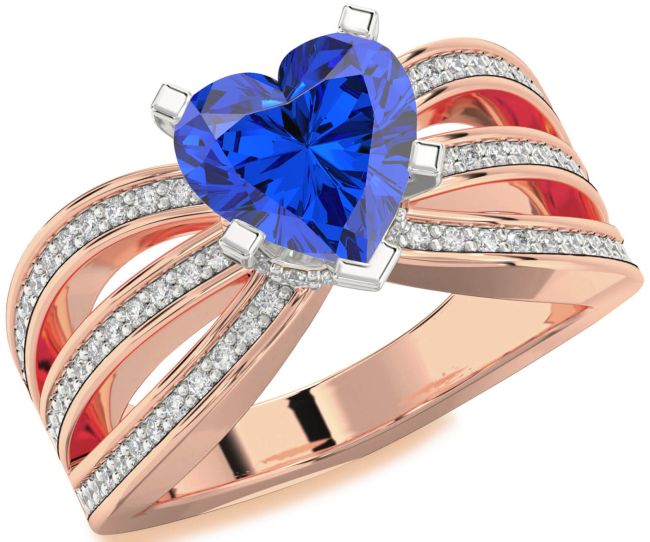 Diamond Blue Sapphire White Rose Gold Heart Solitaire Pave Engagement Ring