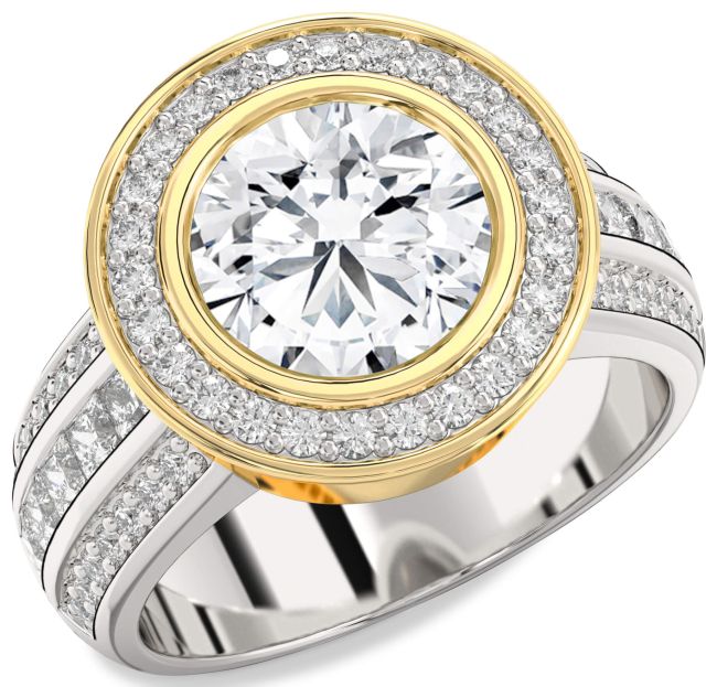 Diamond White Yellow Gold Round Halo Pave Engagement Ring