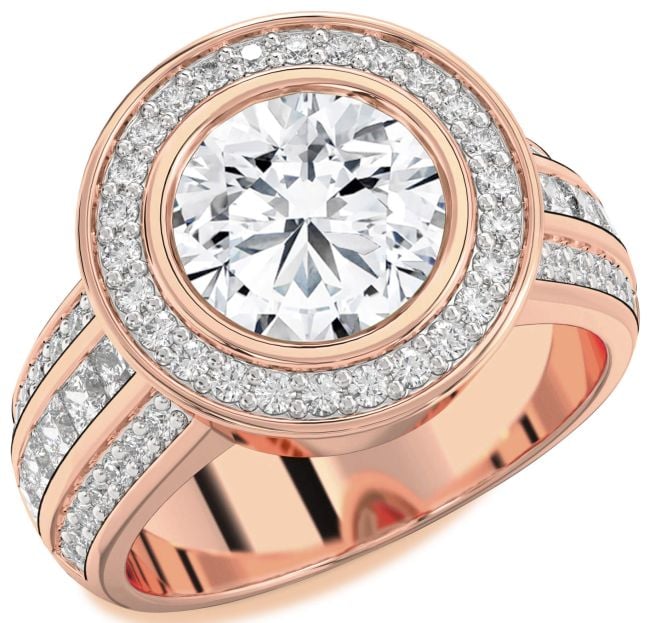 Diamond Rose Gold Silver Round Halo Pave Engagement Ring