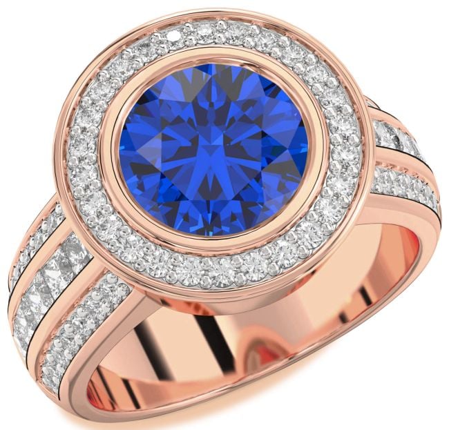 Diamond Blue Sapphire Rose Gold Round Halo Pave Engagement Ring