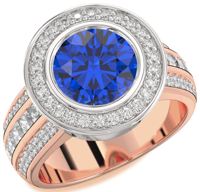 Diamond Blue Sapphire Platinum & Rose Gold Round Halo Pave Engagement Ring