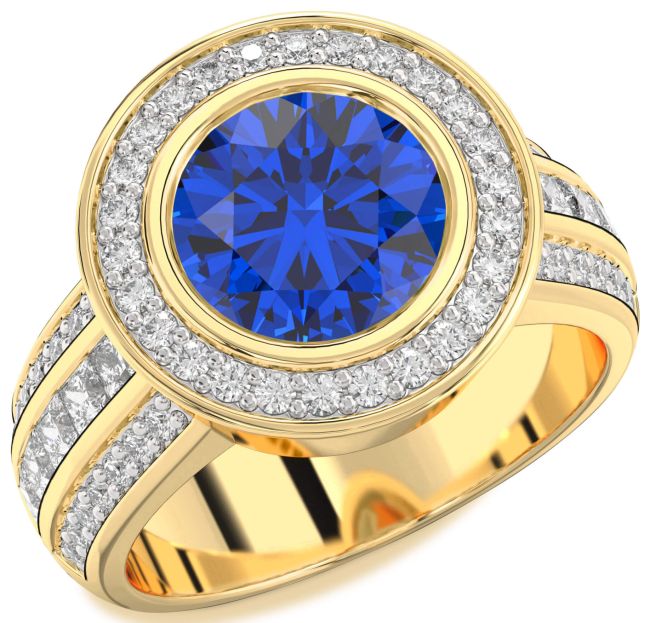 Diamond Blue Sapphire Gold Silver Round Halo Pave Engagement Ring