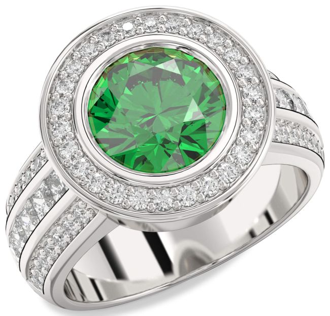 Diamond Emerald Platinum Round Halo Pave Engagement Ring