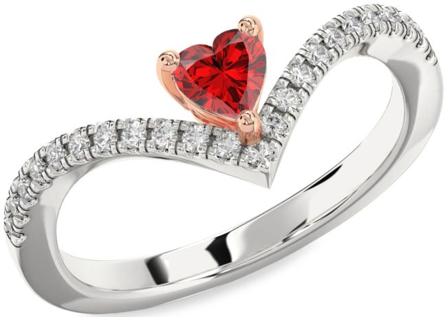Diamond Ruby Rose Gold Silver Heart Pave Promise Ring