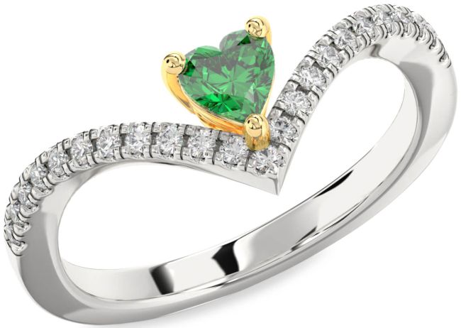 Diamond Emerald Silver & 10K gold Heart Pave Promise Ring