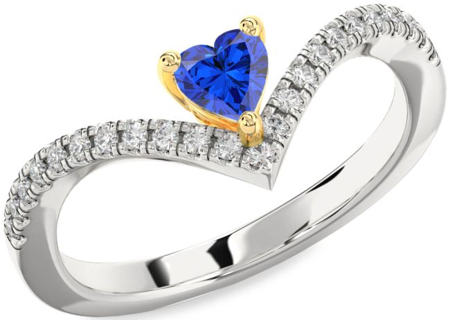 Diamond Blue Sapphire Platinum & Yellow Gold Heart Pave Promise Ring