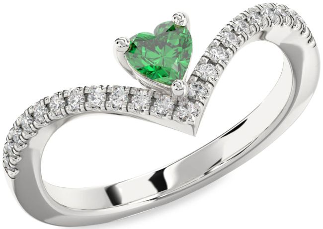 Diamond Emerald Silver Heart Pave Promise Ring