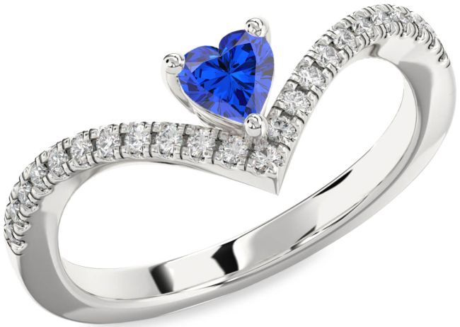 Diamond Blue Sapphire Silver Heart Pave Promise Ring