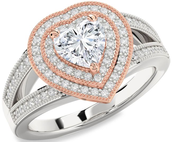 Diamond Silver & 10K Rose Gold Heart Halo Pave Engagement Ring