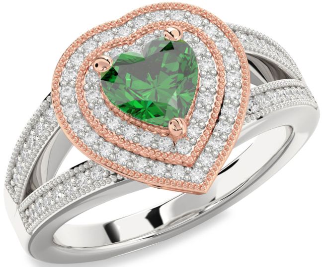 Diamond Emerald Silver & 10K Rose Gold Heart Halo Pave Engagement Ring