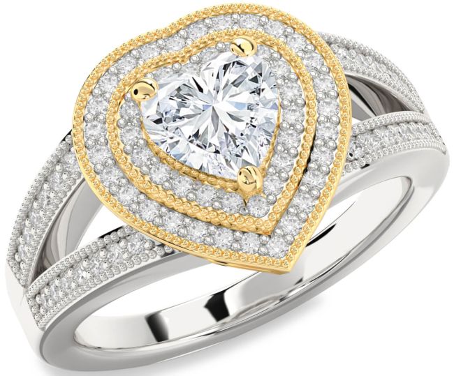 Diamond Gold Silver Heart Halo Pave Engagement Ring