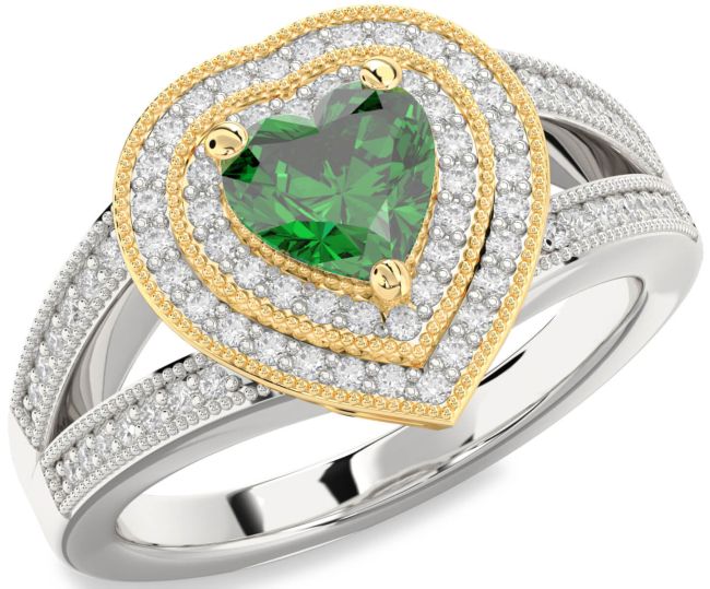 Diamond Emerald Silver & 10K gold Heart Halo Pave Engagement Ring