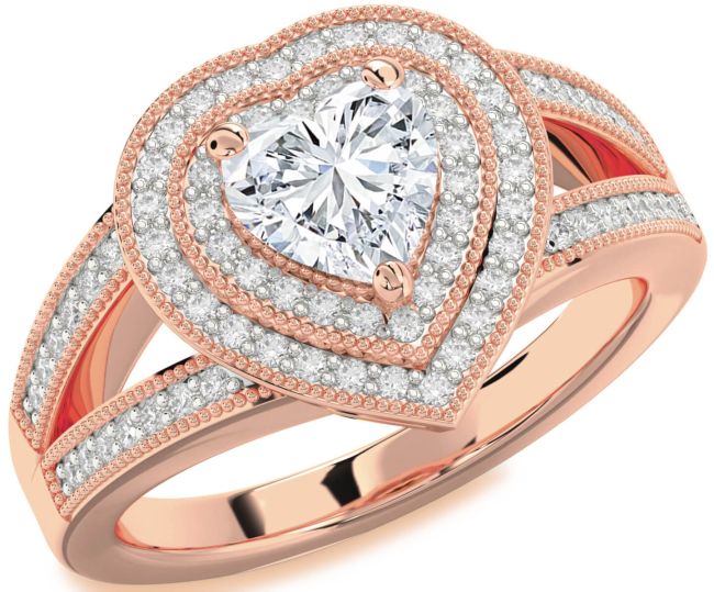Diamond Rose Gold Silver Heart Halo Pave Engagement Ring