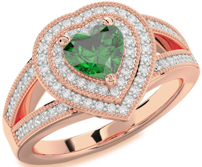 Diamond Emerald Rose Gold Heart Halo Pave Engagement Ring